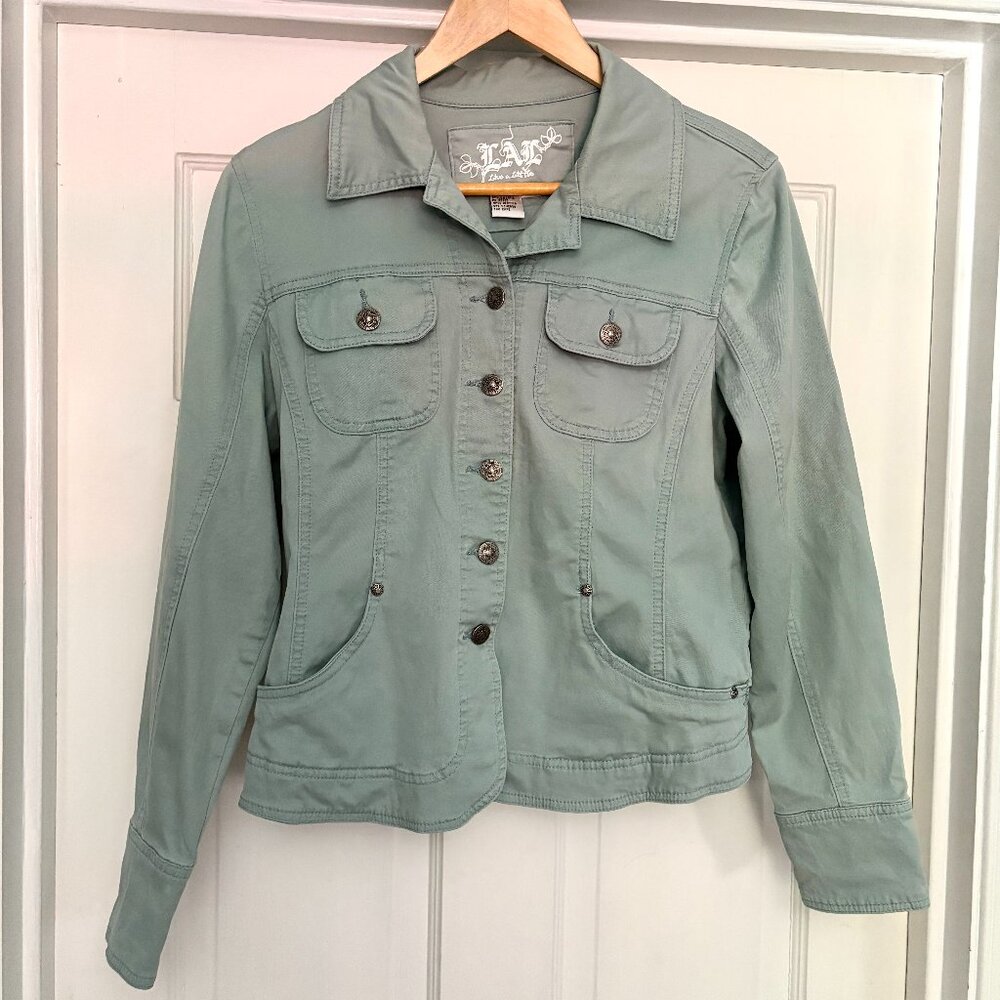 Live a Little Denim Jacket Chambray Blue Button Up Collared Coat Size M